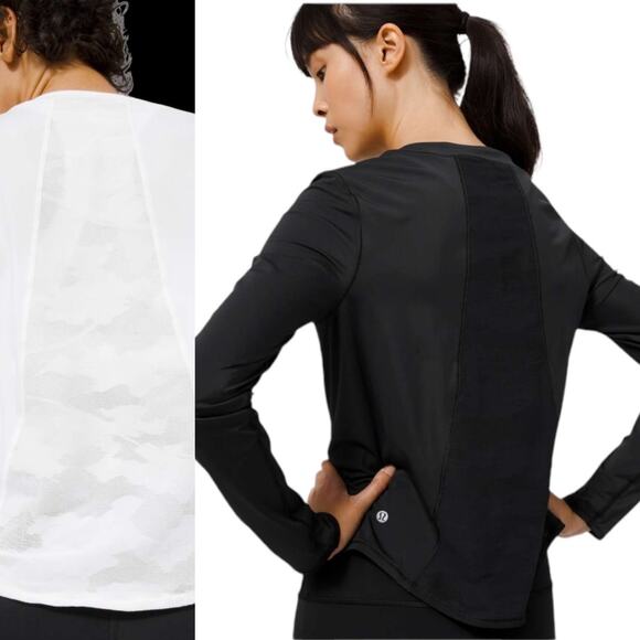 EUC Lululemon Sheer Will Long Sleeve Black Tee With Semi Sheer Camo Back Size 4 - Picture 2 of 11